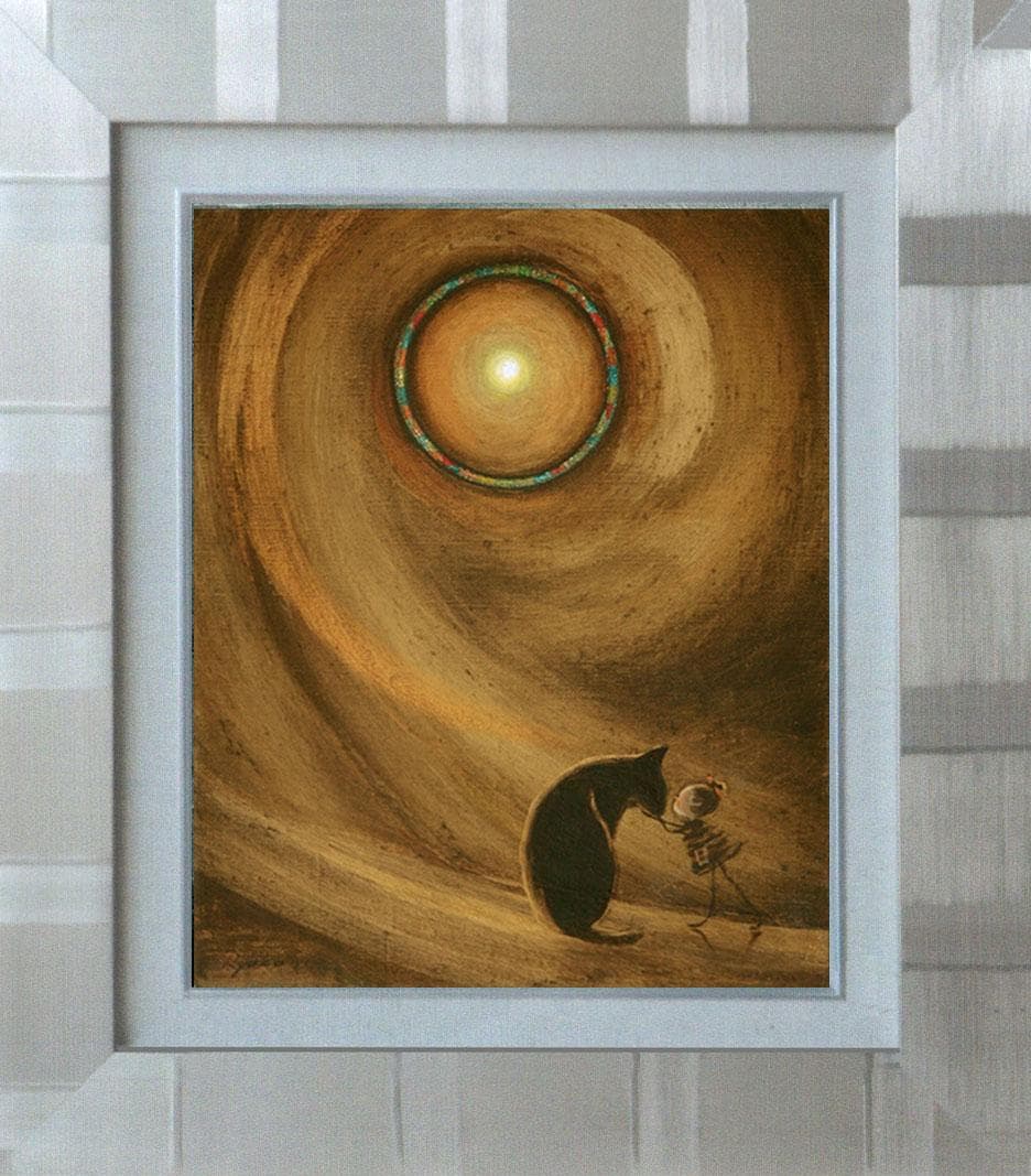 油絵菅家令子絵 絵画インテリア額付(青緑＋金色の枠)F3-072819子犬猫女子
