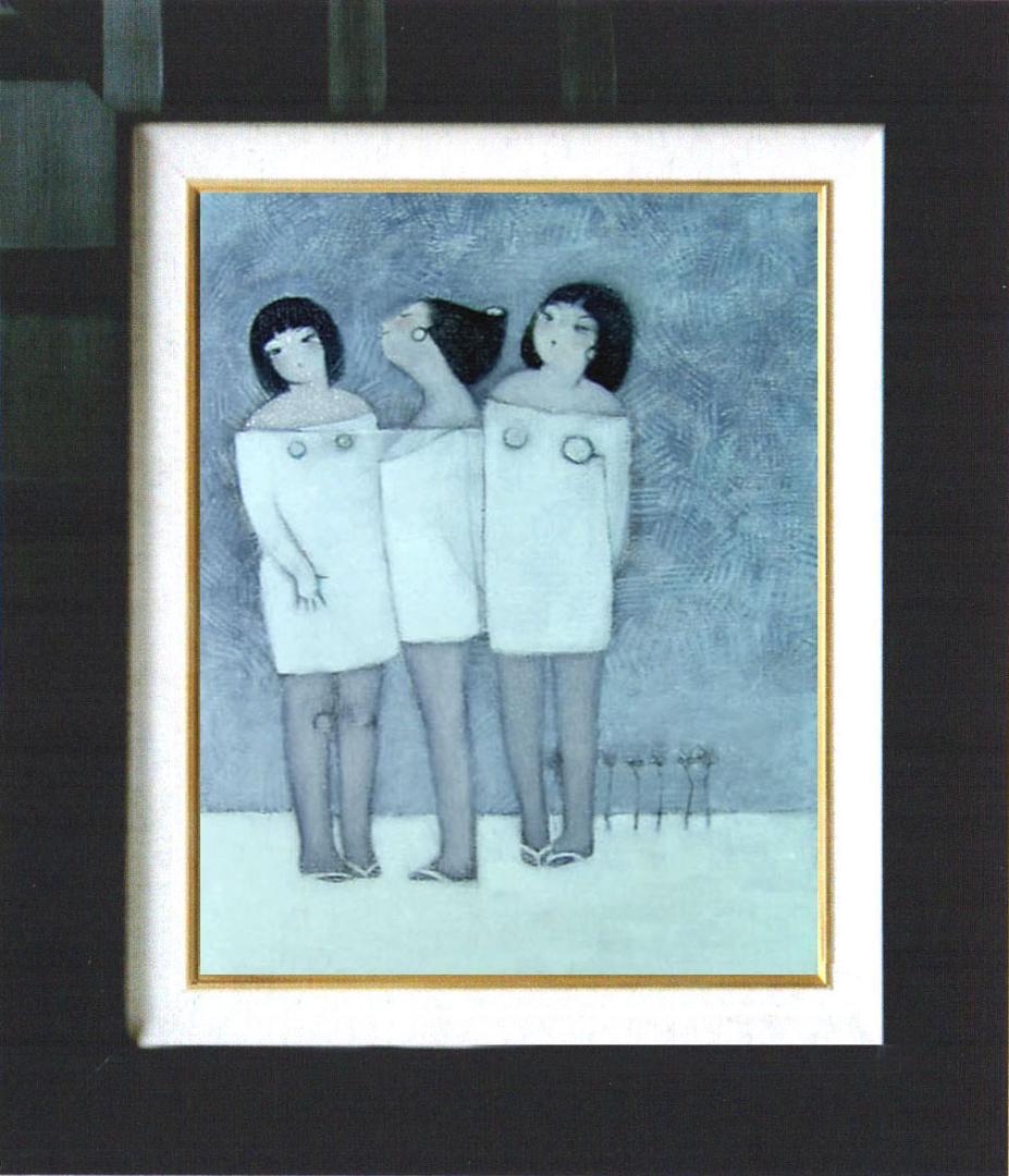 油絵 菅家令子 絵画インテリア額付( 青緑＋金色の枠) F4-142023冬女子