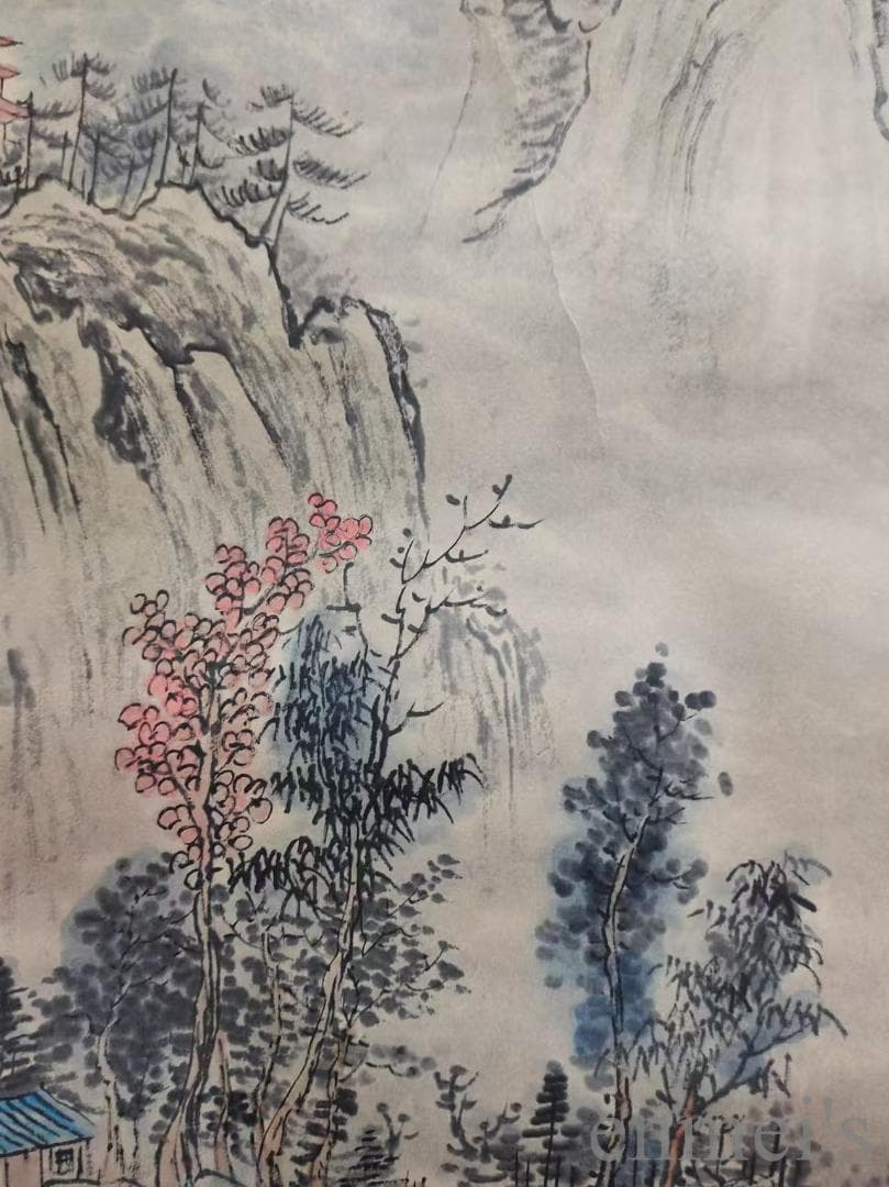 中国古美術.清時代.王原祁款.山水図.宣紙画.三尺手描き.水墨画.掛軸.詩文付き