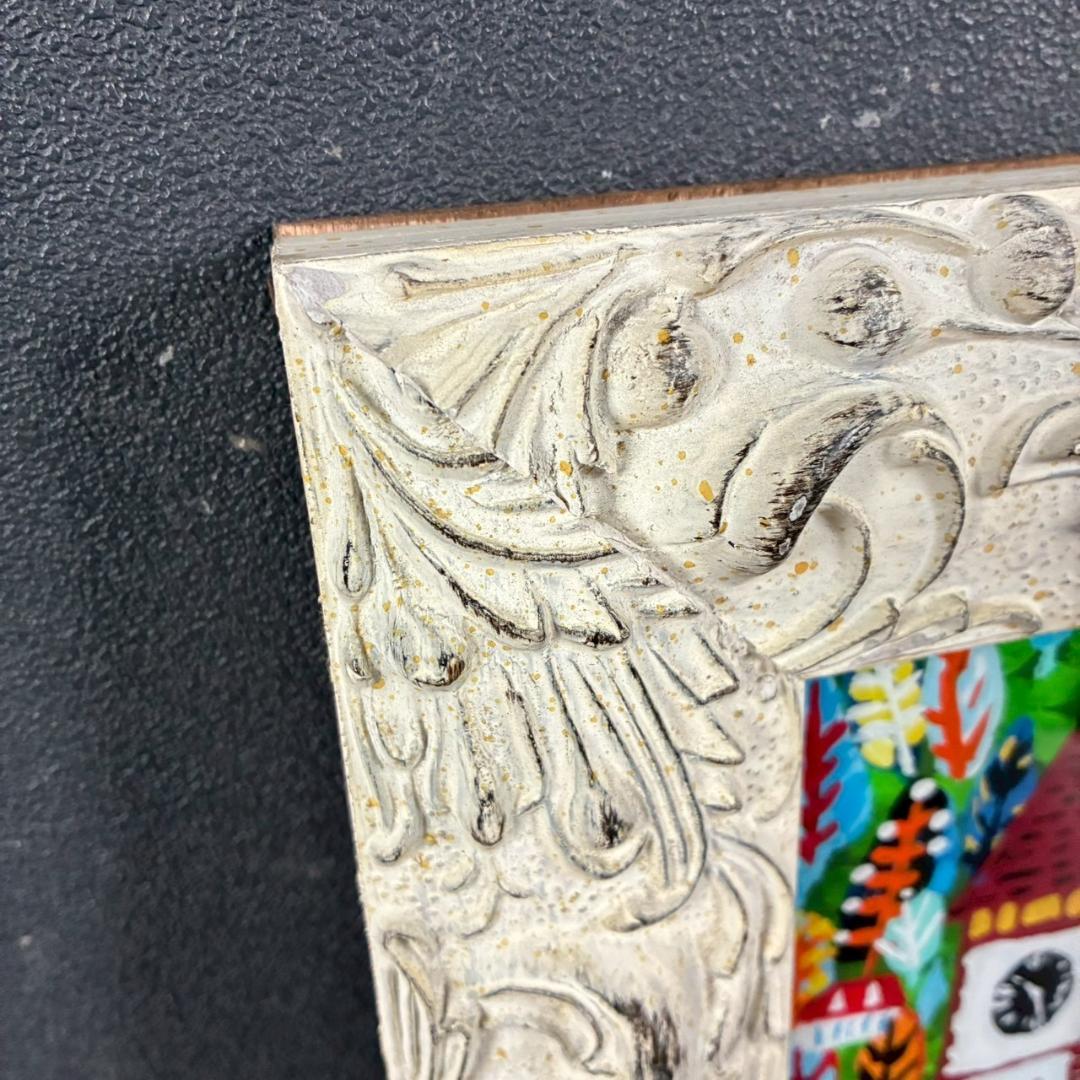 柚木沙弥郎「時計台の森」ガラス絵 肉筆 直筆サイン入 共シール 民藝 人気染色家