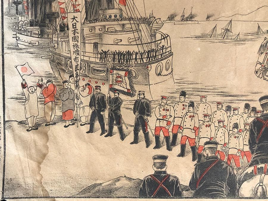 【丸】大日本帝国軍 旧日本軍版画 明治38年日露戦争 旅順口入城式火園