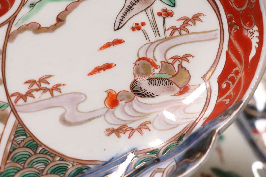 古伊万里 鳥の図 色絵 刺身皿 変形皿 五客 錦手 鴛鴦 鶴 瓢箪 CL96