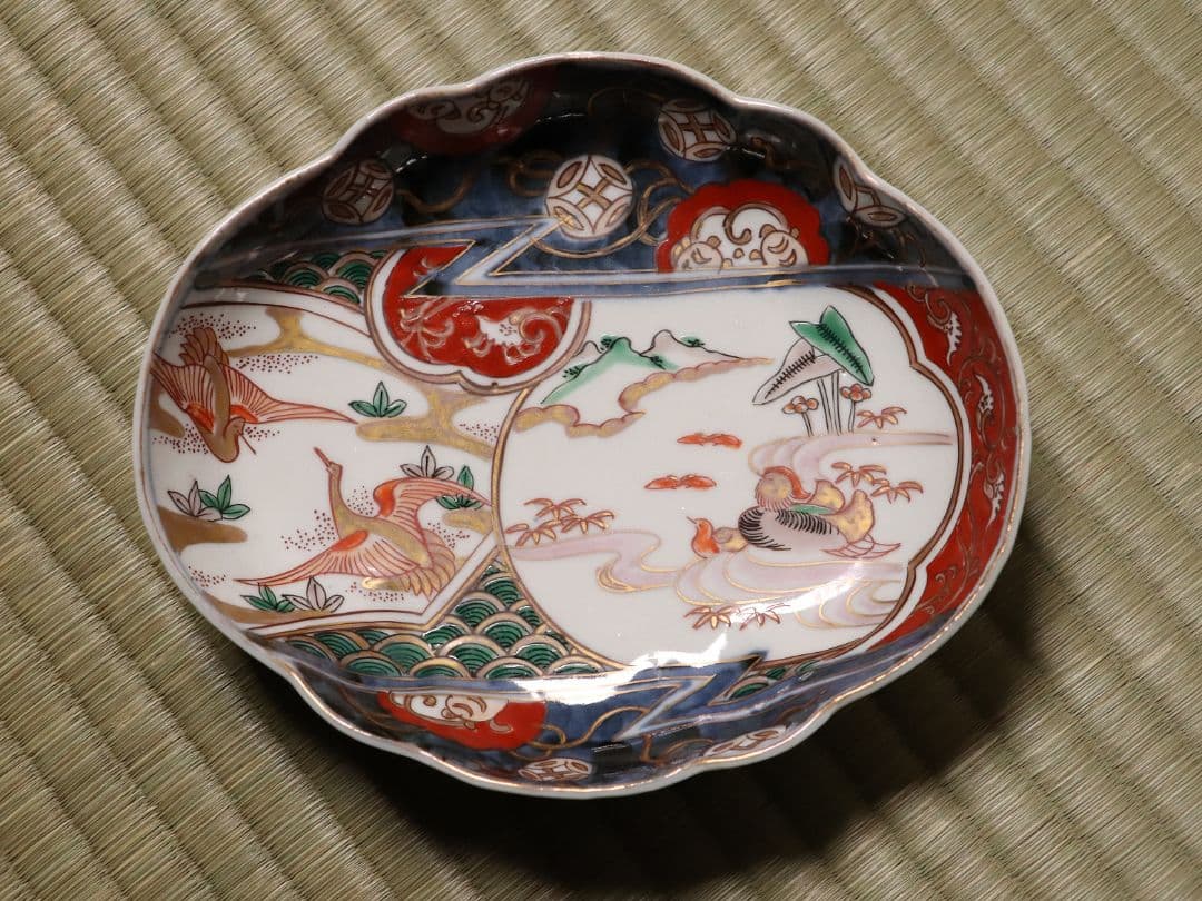 古伊万里 鳥の図 色絵 刺身皿 変形皿 五客 錦手 鴛鴦 鶴 瓢箪 CL96