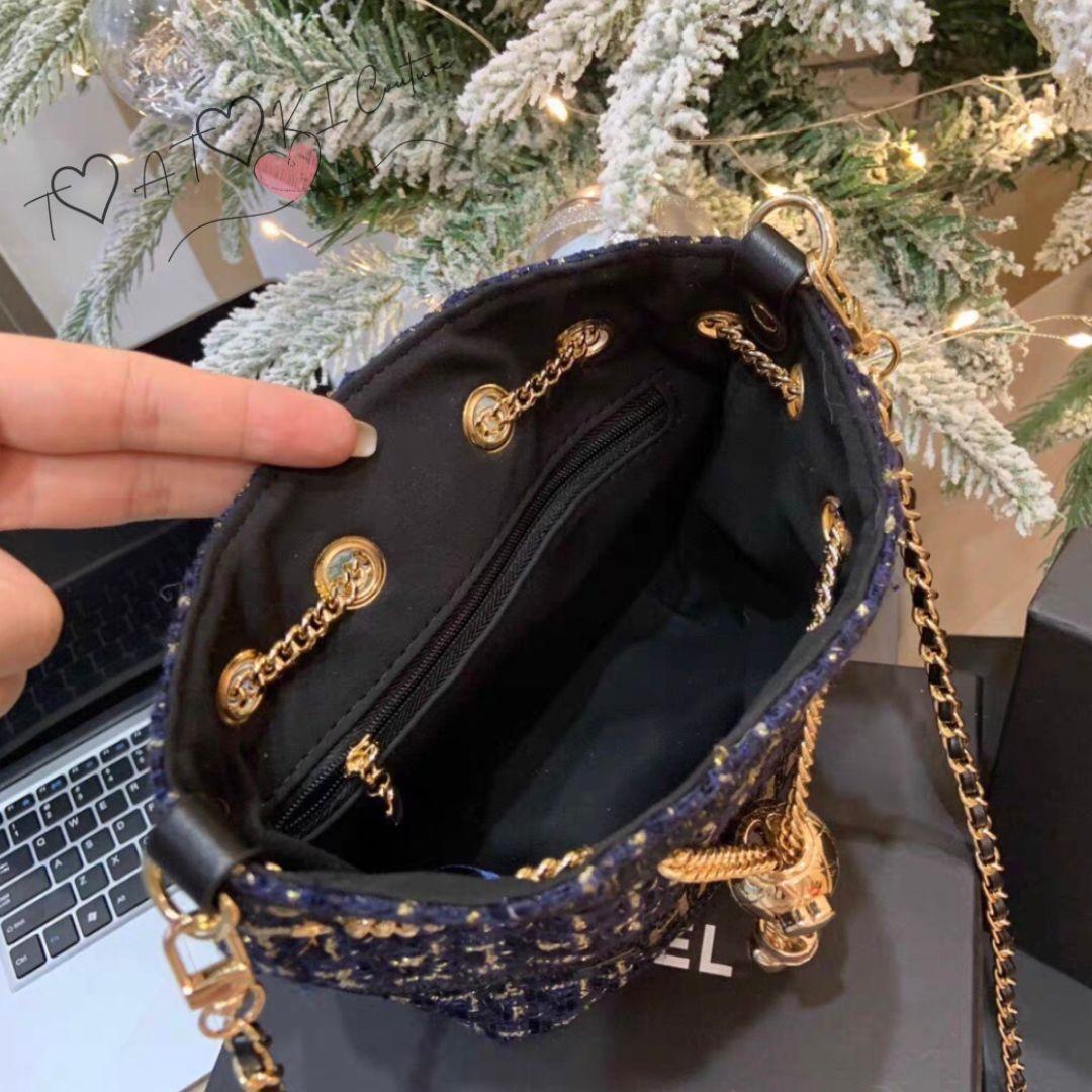 訳あり❤CHANEL❤ネイビーラメ巾着ショルダーバッグゴールドチェーン