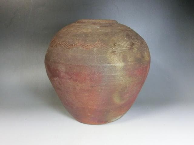 壷■古備前「堂」素焼き 箆目 古い花瓶花器 丸古壺 時代物 骨董品 古美術■