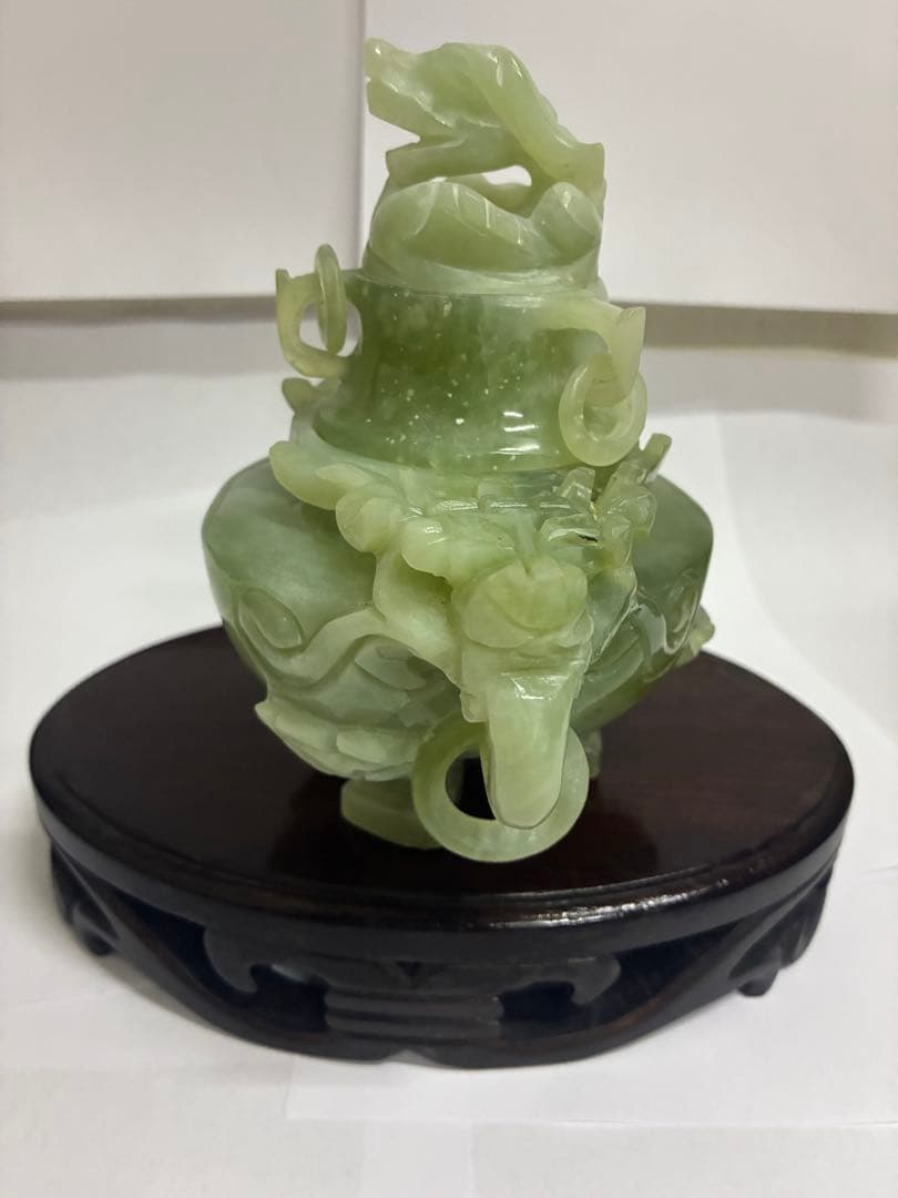 中国玉石彫刻*　双耳活環　獅子蓋　岫玉爐　1点　/置物オブジェ