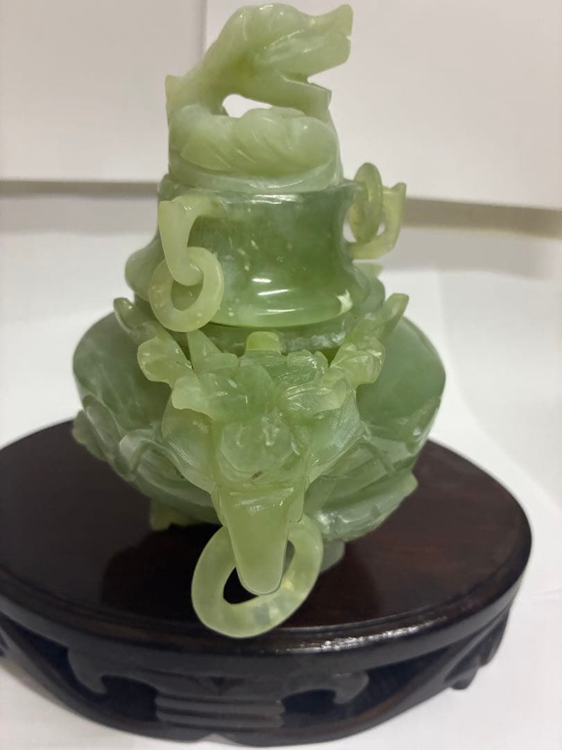 中国玉石彫刻*　双耳活環　獅子蓋　岫玉爐　1点　/置物オブジェ