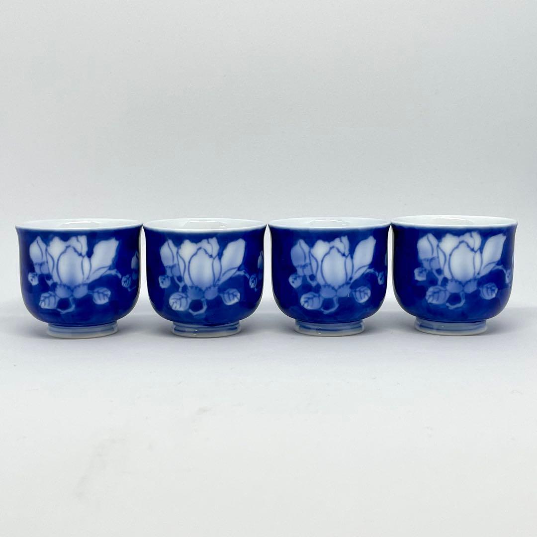 有田焼 深川製磁 染付花鳥外濃 酒器揃 徳利 お猪口4客 木蓮 小鳥紋様