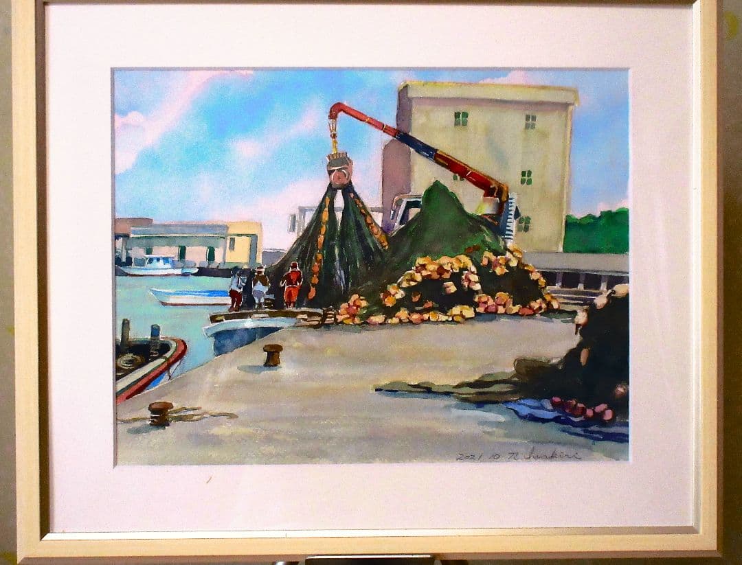港の風景 水彩画 額装済み F6号