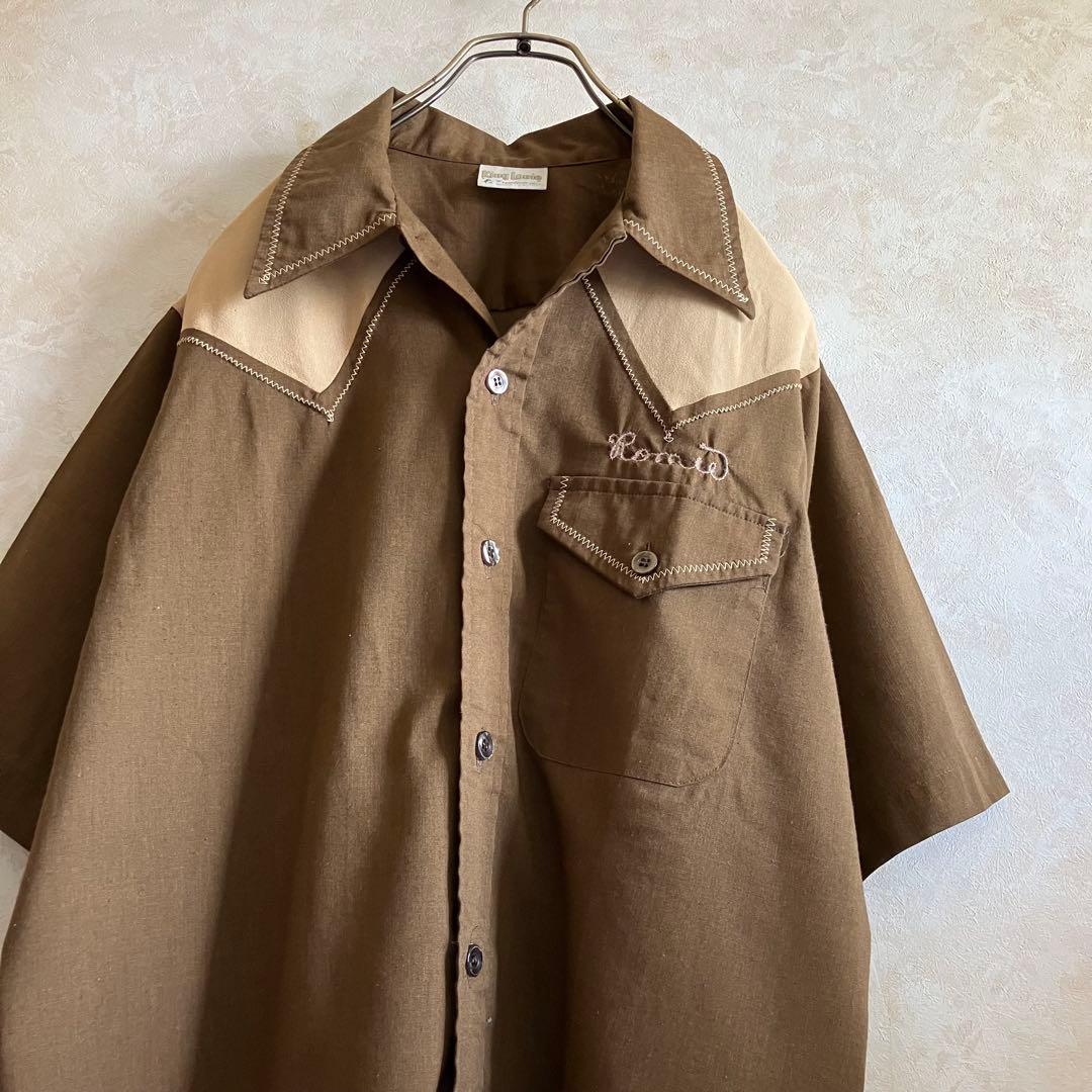 70's USA製 キングルイ チェーン刺繍 ボウリングシャツ 茶ベージュ L