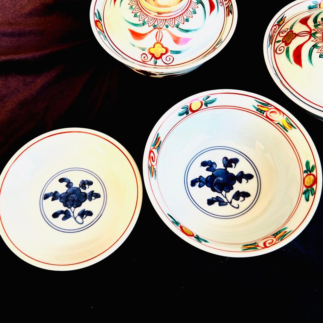 【未使用．美品】清水焼き　 蓋茶碗　蓋付き碗　飯碗　茶碗 色絵 五客 和食器