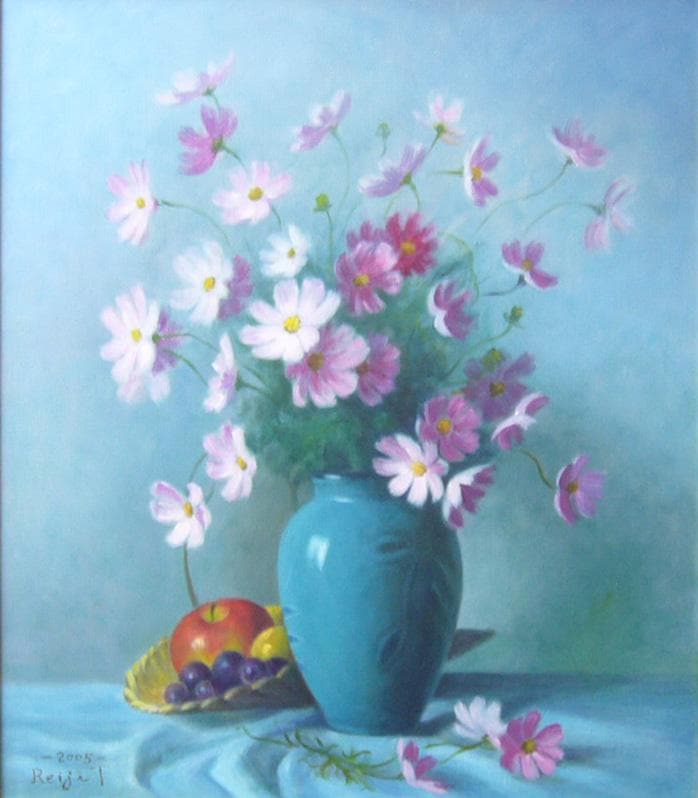 絵画 油絵 田澤禮次 肉筆油絵 静物画 花瓶とコスモス F10