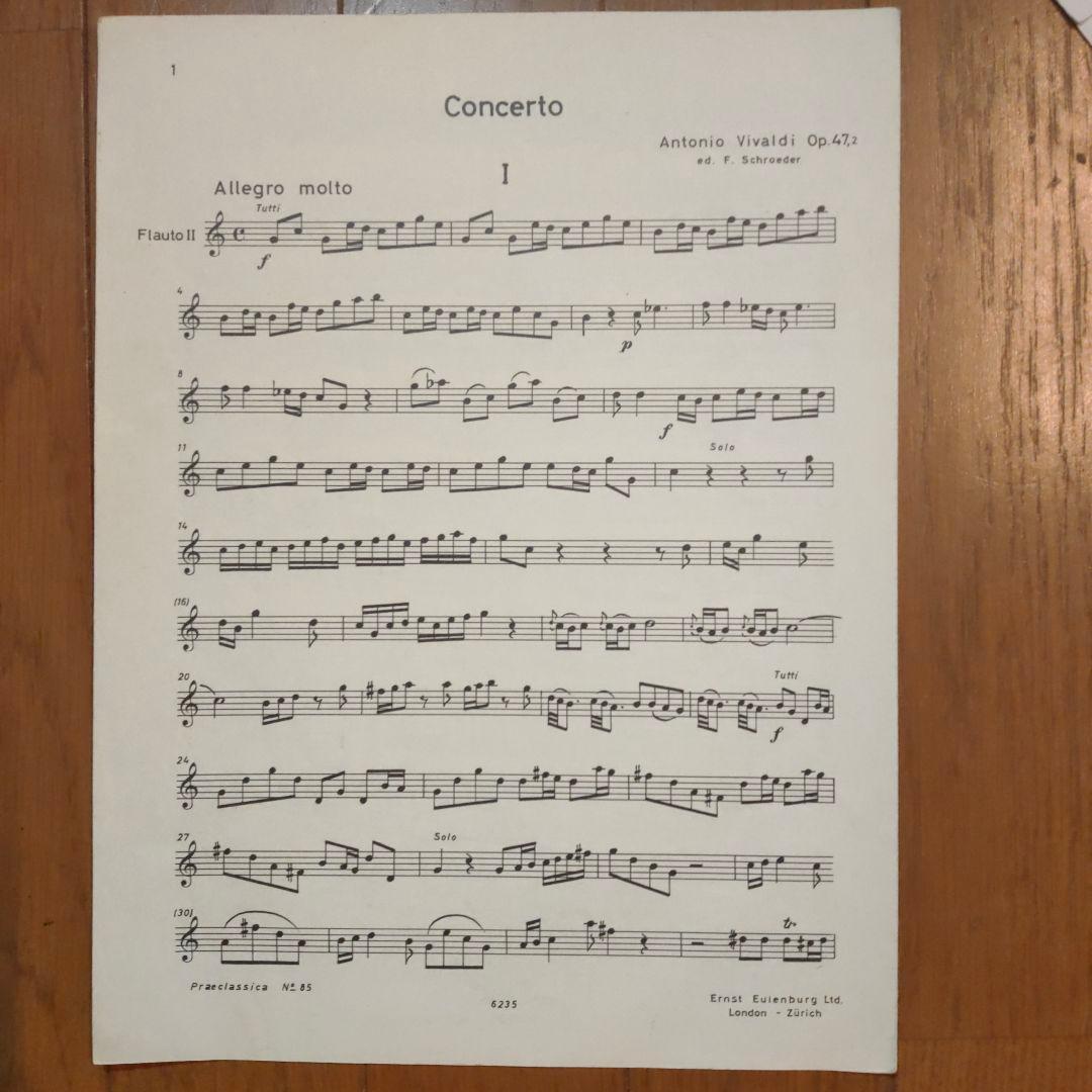 ビバルディ　二本のフルートのためのコンチェルト　フルート、チェンバロ、弦パート譜