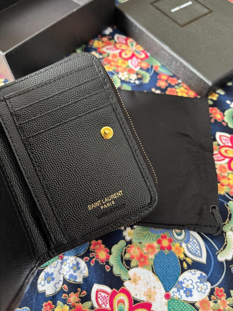 男女兼用 ブラック YSL レザー 二つ折り財布 極美品