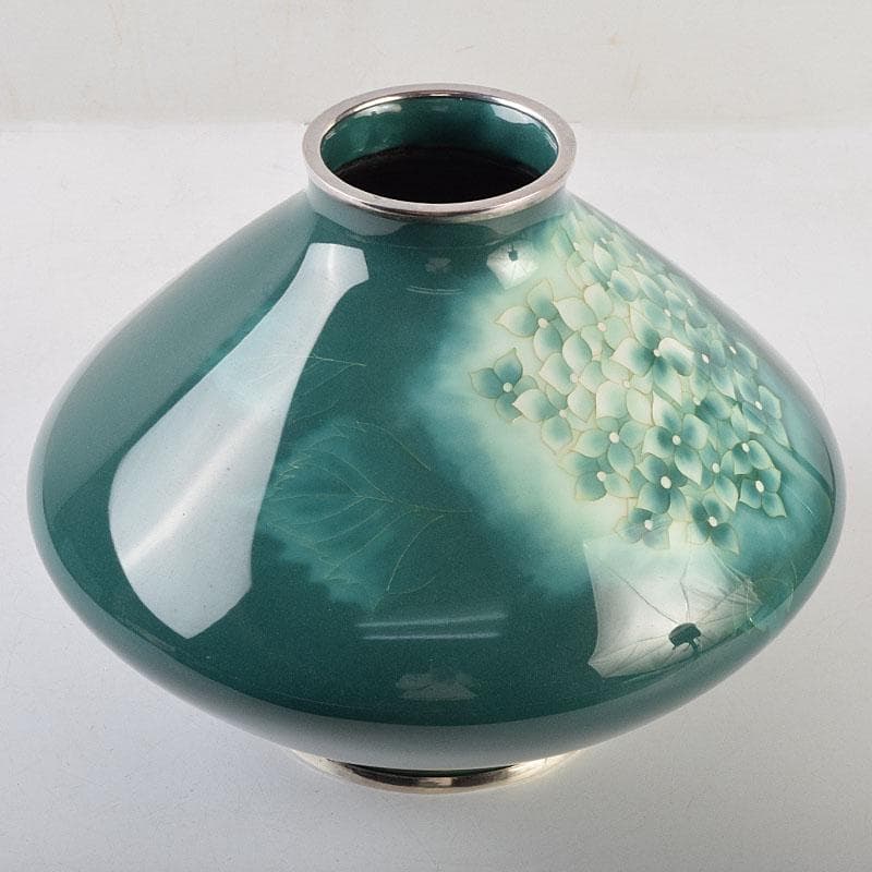 七宝焼　安藤七宝店　純銀刻印　紫陽花文　花瓶　時代箱付　U　R9192B