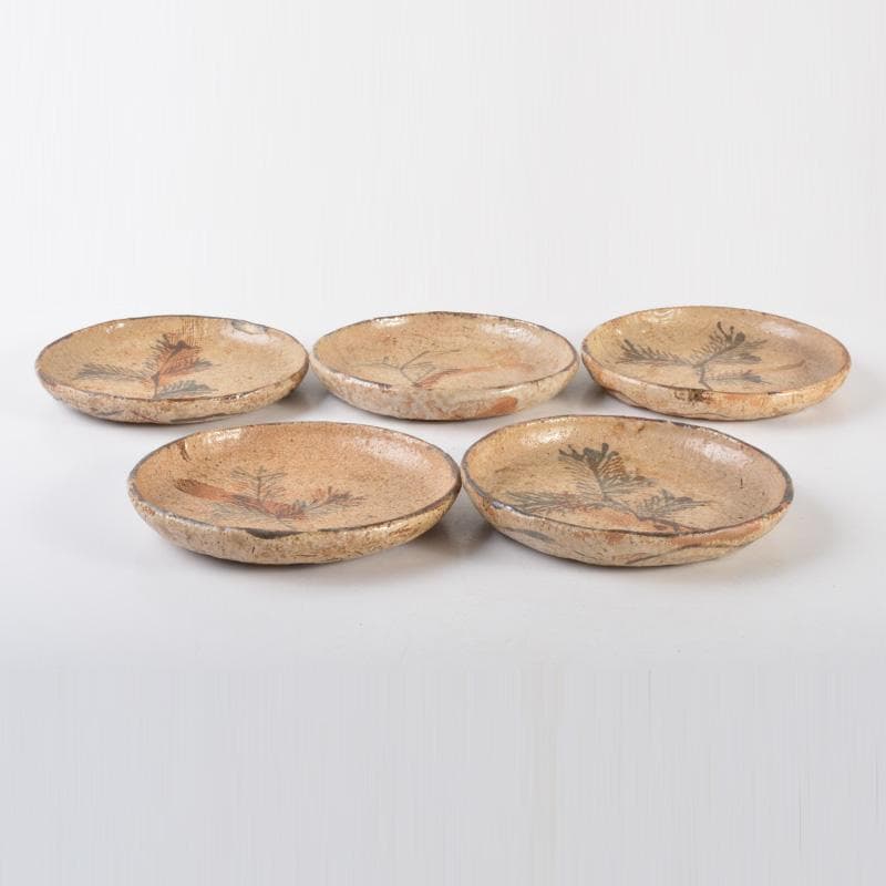 古瀬戸　絵瀬戸　鉄絵　草文皿　五客　時代箱付　V　6304