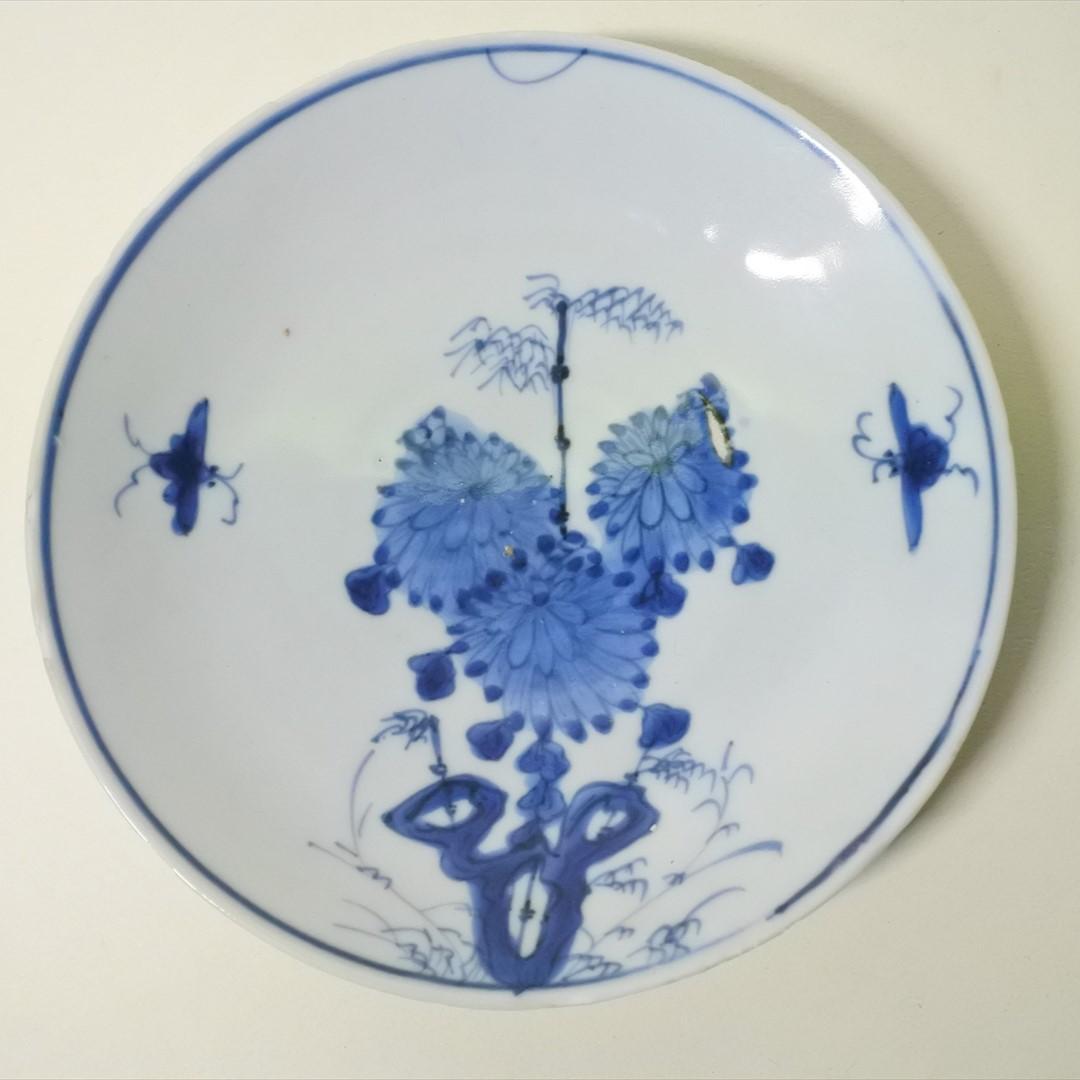 中国　明末清初　古染付　蝶　草花　皿　骨董品　アンティーク