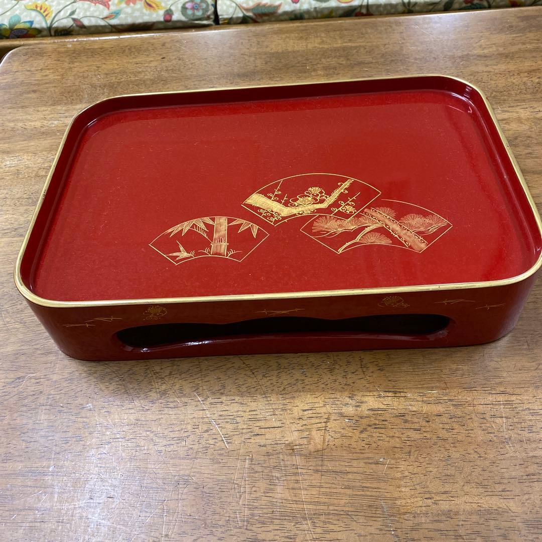 輪島塗四つ揃　木製朱塗沈金扇面蒔絵屠蘇器