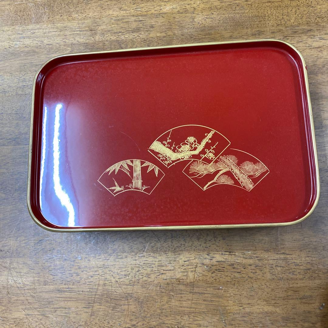 輪島塗四つ揃　木製朱塗沈金扇面蒔絵屠蘇器