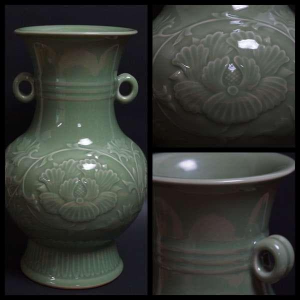 大正期平安三国丹祐作 青磁浮彫『牡丹唐草文』大型飾壺 花瓶 双環耳 高32.5㎝