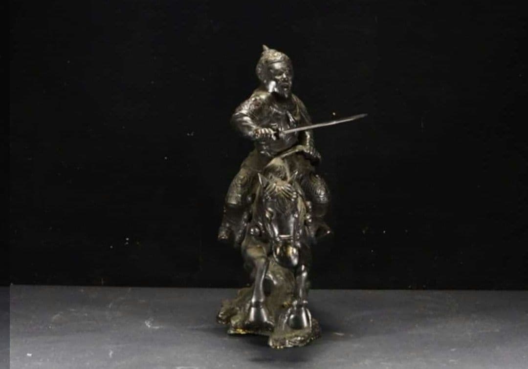 【レア珍品!】金工家作 銅製 大型騎馬武者像置物 幅55cm 重さ17.2kg