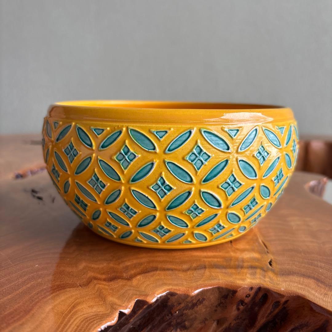 赤沢露石作 黄交趾 建水 七宝つなぎ 茶道具 共箱