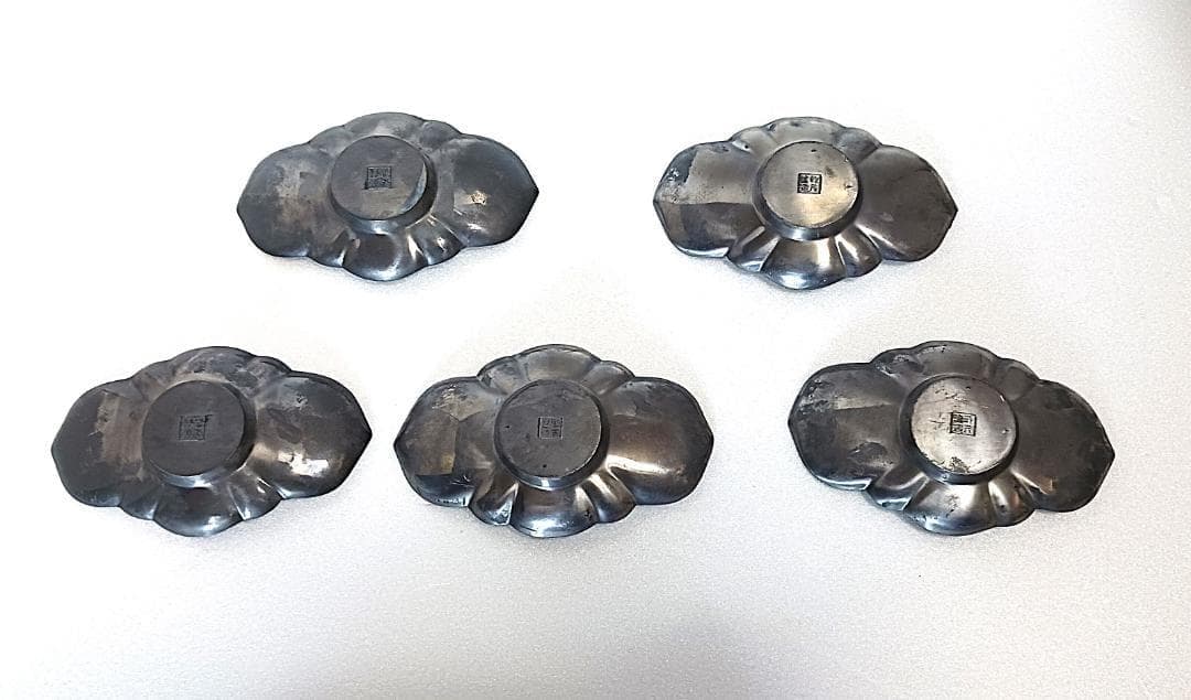 【アンティーク】　古錫 茶托 五客 在銘 乾茂號造　錫　【ヴィンテージ】