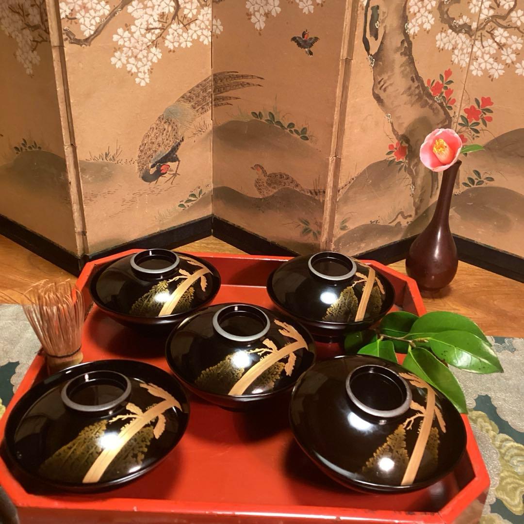 A915 木製輪島塗　黒塗　月に時鳥（ホトトギス）蒔絵　5客