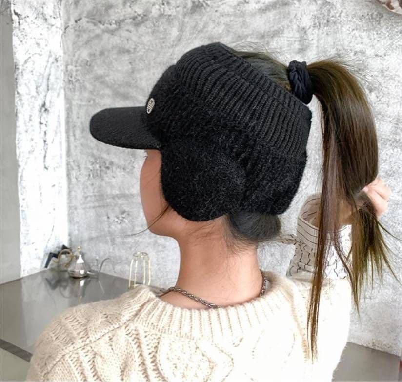 新品 ブラック ニット帽 つば付き 黒 耳当て サンバイザー ゴルフ レディース