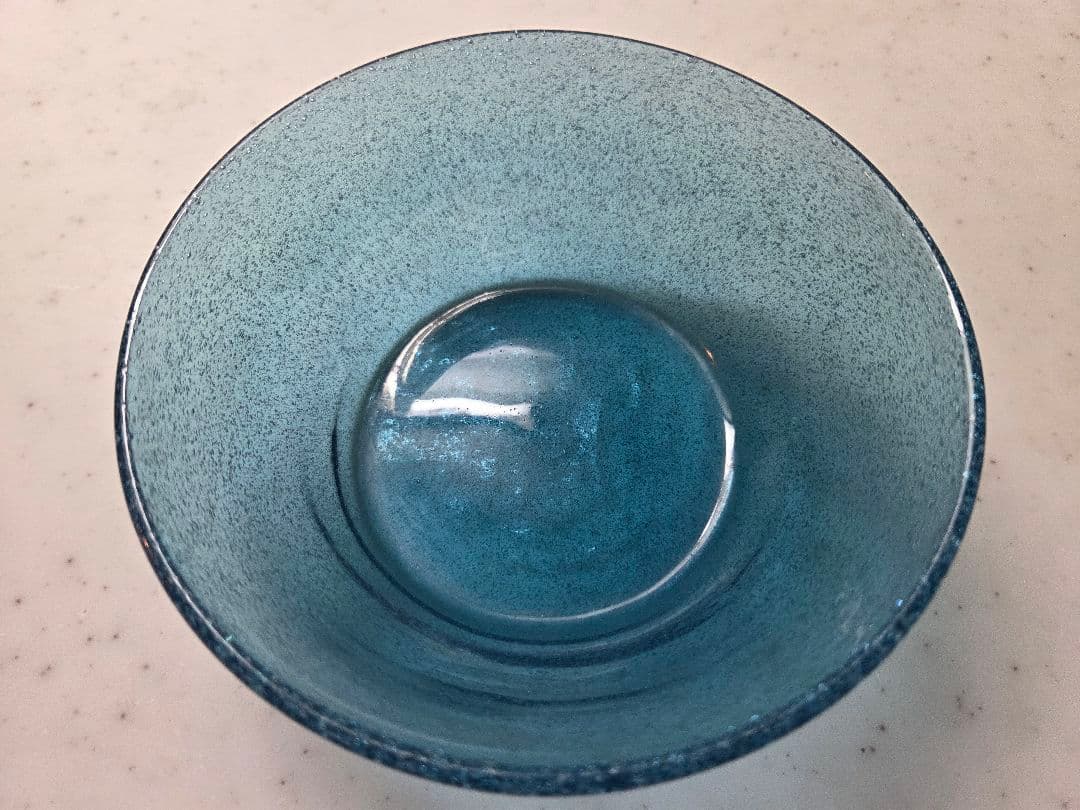 小谷真三/眞三 吹きガラス　ブルー 倉敷ガラス 気泡 直径13.5cm ボウル