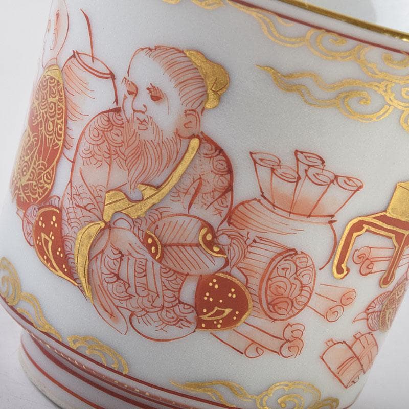 九谷焼　井上秋晴作　赤絵細密画　人物文　盃　ぐい呑み　共布共箱　M　R9169