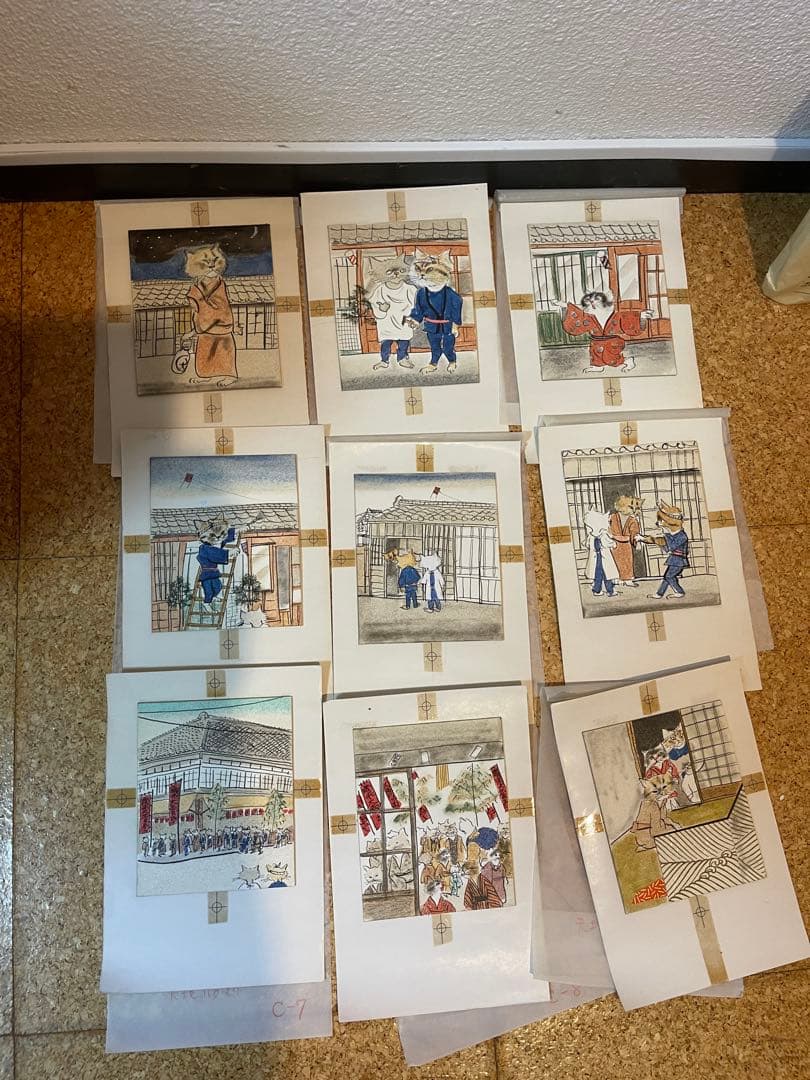 三匹の猫　小沢良吉　むっつりのはなし　珍品絵本肉筆原画 15点挿絵 原稿