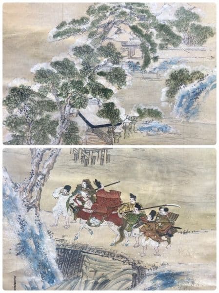 安田靫彦 箱書／土佐光起「武者絵」掛軸（大和絵） 紙本 三幅