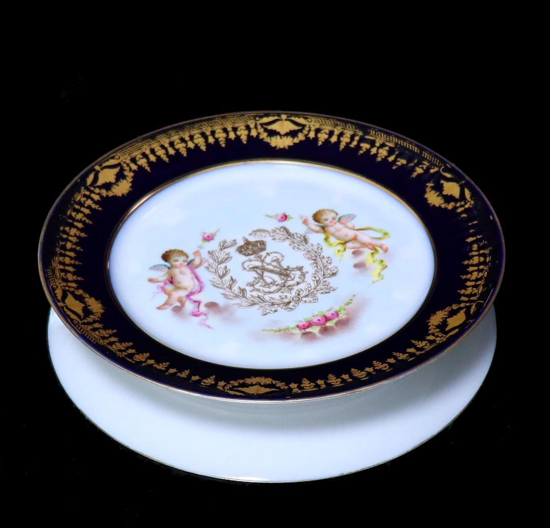 オールド・セーブル フランス第二帝政期1867年製 金彩天使図濃紺色大型プレート