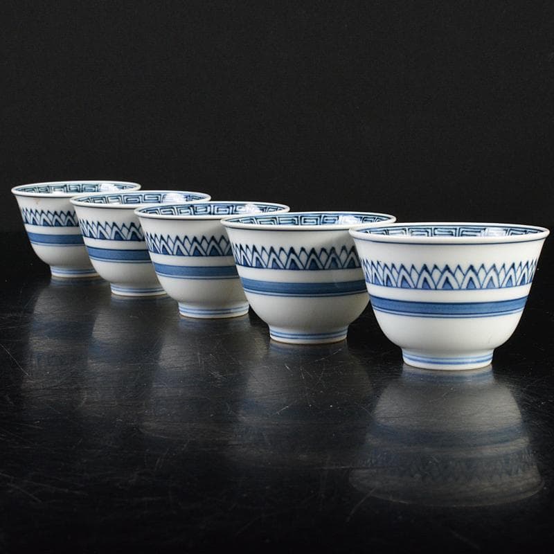 煎茶道具　京焼　清水焼　平安　瑞泉造　青華　煎茶碗　五客　共箱　V　R7175