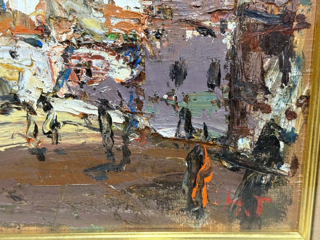 真作 友成晴雄 街角F4号 油彩画 油絵 風景画 直筆サイン