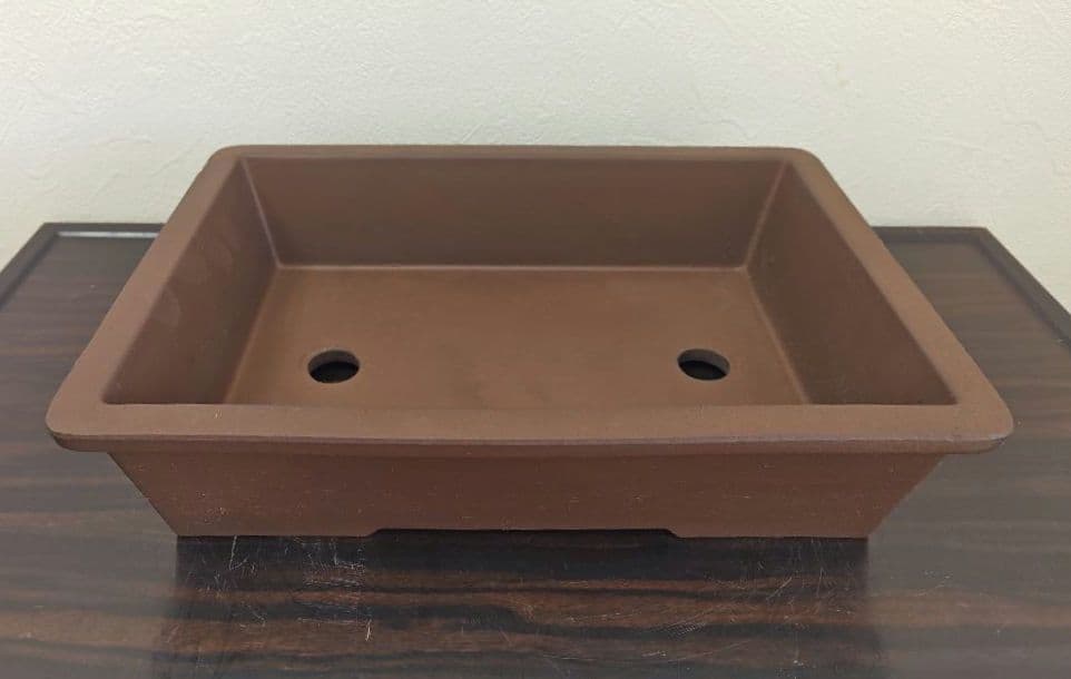 陶器の長方形盆栽鉢 ブラウン 約33cm ×24cm×7.8cm　落款　開洋
