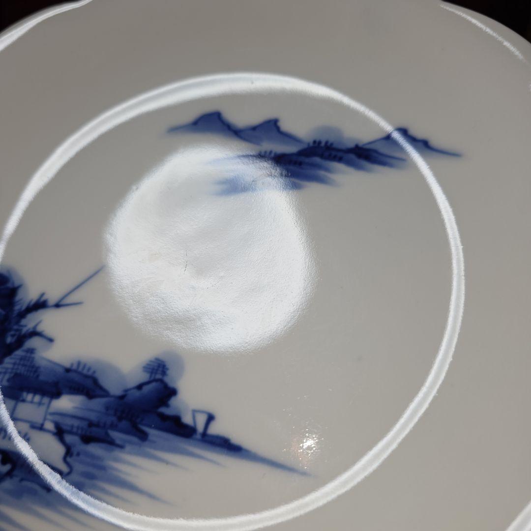 源六焼　富永源六　染付山水文　高台 輪花皿　中皿　18.5cm　4枚　 三つト印