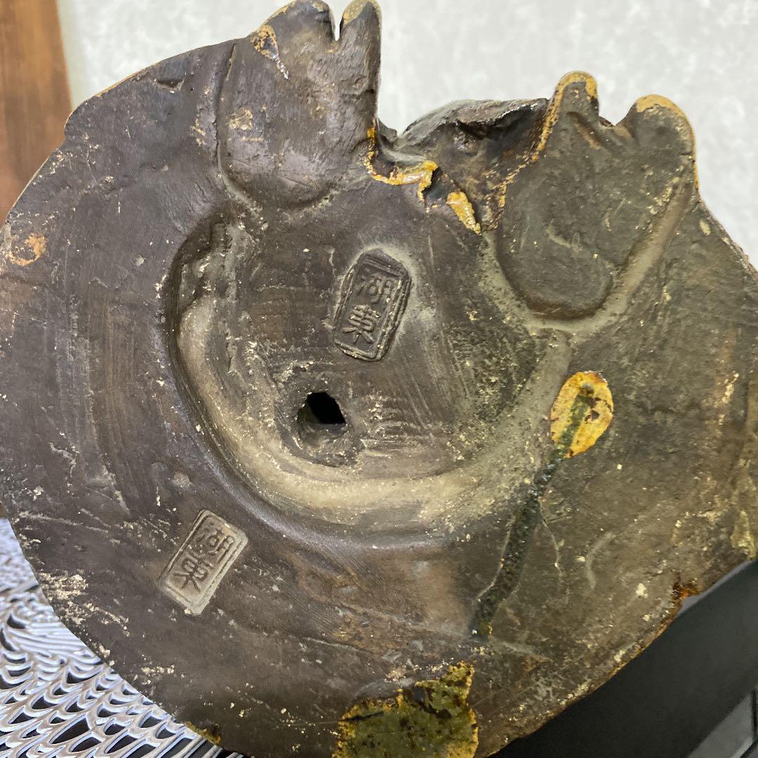 幻の湖東焼　お多福に福助おんぶ像　織部写し　美術館級！36㎝