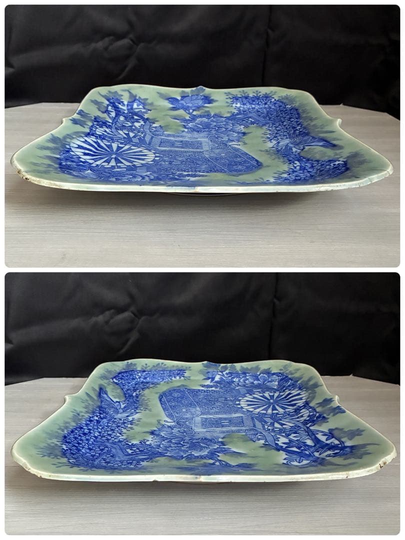 時代物 印判皿 特大皿　御所車 牡丹 枝垂れ桜 縁起物 骨董 大皿　金継ぎ用