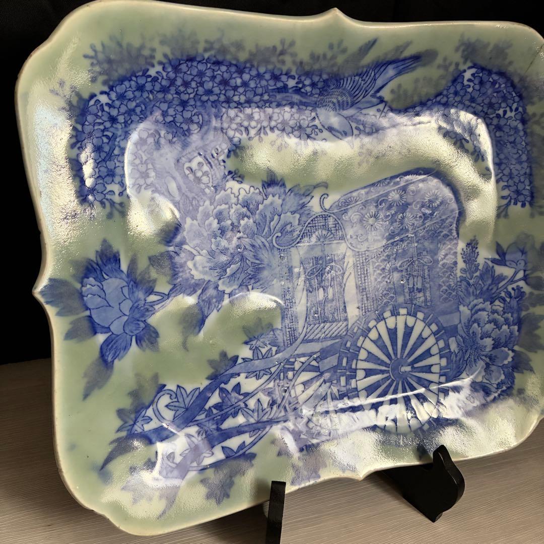 時代物 印判皿 特大皿　御所車 牡丹 枝垂れ桜 縁起物 骨董 大皿　金継ぎ用