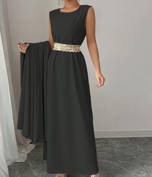 【新品】中東の上品ブラックドレス ゴールド装飾前開きアウタードレス