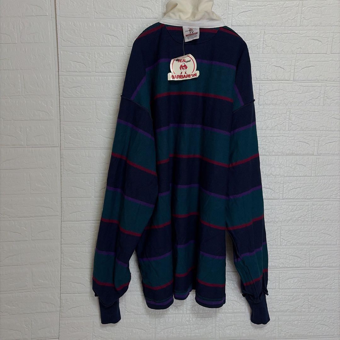 希少2XLT 90s BARBARIAN 厚手ラガーシャツ ボーダー 刺繍ロゴ