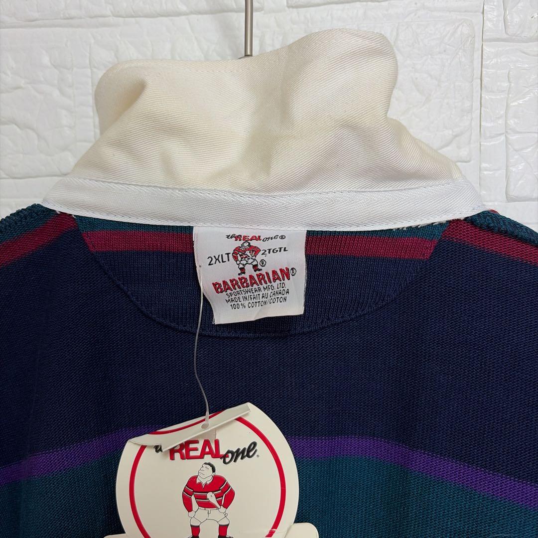 希少2XLT 90s BARBARIAN 厚手ラガーシャツ ボーダー 刺繍ロゴ