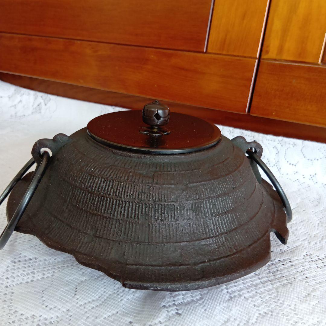茶道具・置炉用笠釜・鉄製茶釜 ・あじろ鉄・釜環付き・USED【24】