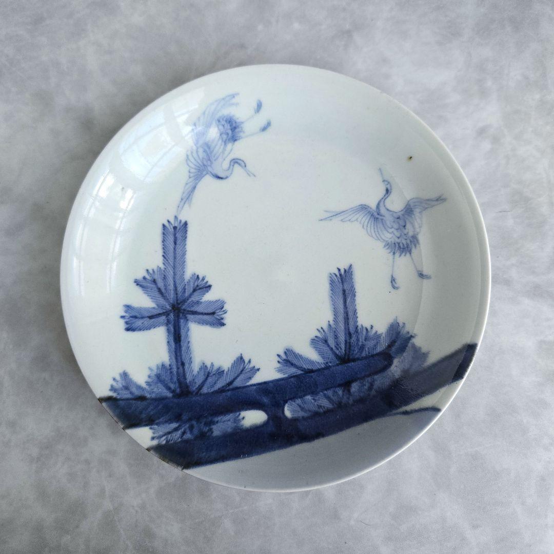 古伊万里　染付　五寸皿　松　飛翔鶴　江戸時代　金直し　金継ぎ　骨董　アンティーク
