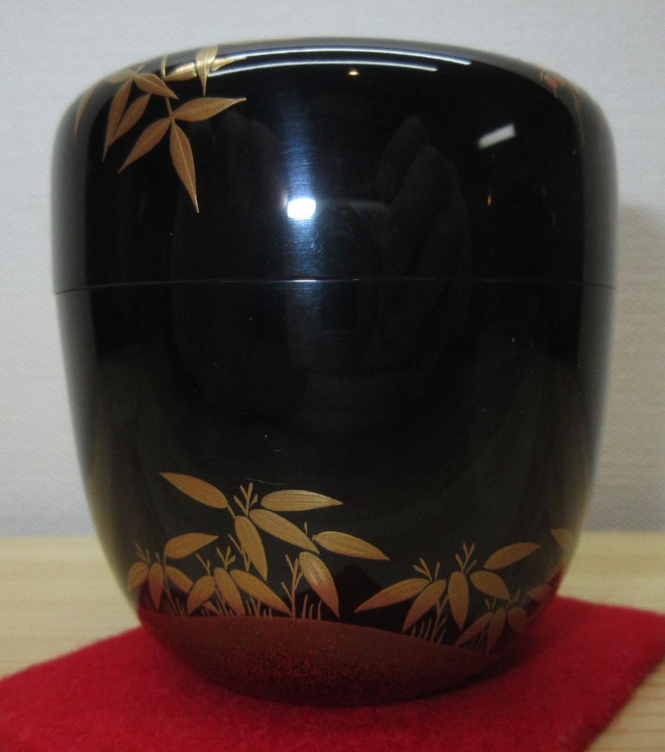 送料込【逢絢亭】茶道具 大棗 南天蒔絵 宗偏流書付 真塗 漆匠 松寛作 共箱入り