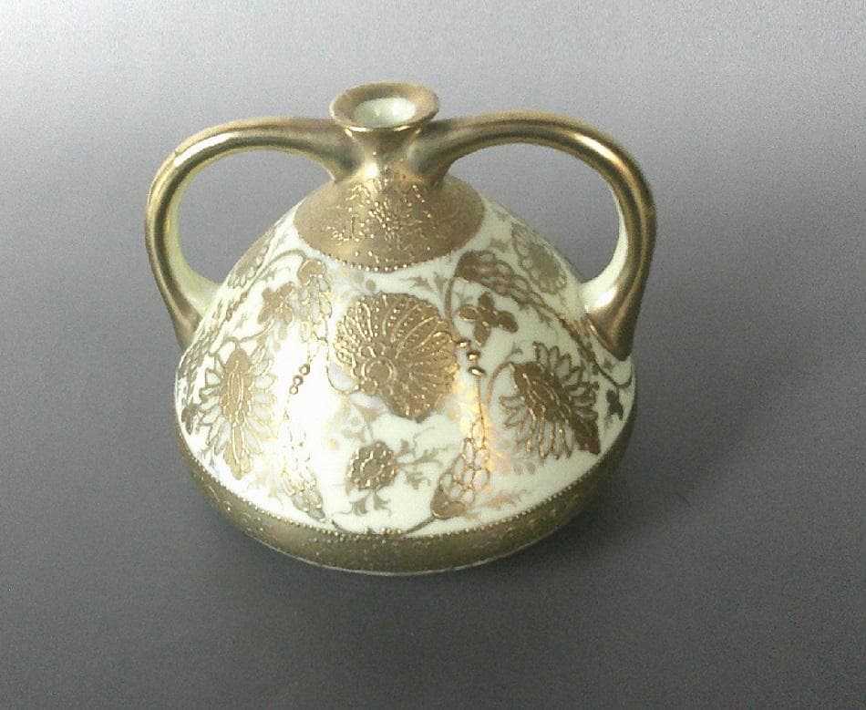 明治 オールドノリタケ　金箔盛上げ 両耳花瓶