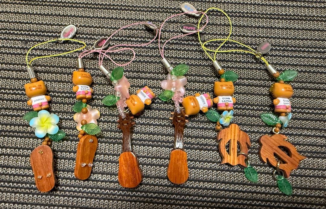 ご当地　日焼けキティギターウクレレサンダル海亀kitty 根付けストラップ 6点