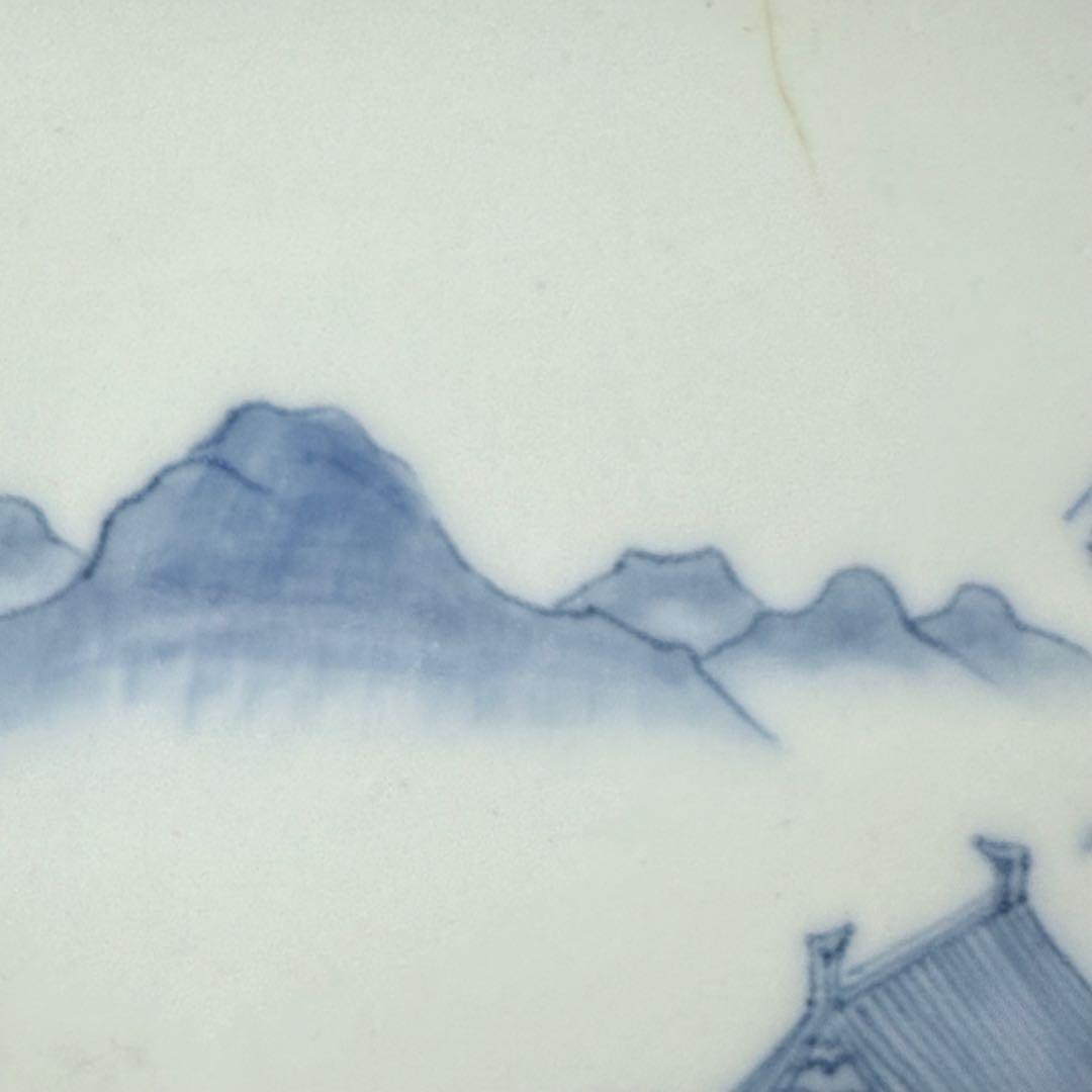 後期鍋島　江戸後期　染付楼閣山水図四方皿　共箱　緻密な絵付け　古美術　蒐集家旧蔵